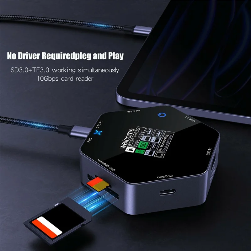 YC-931 4K 60Hz HD USB C Hub with Smart Display 8 in 1 Multiport Adapter PD 100W Charging