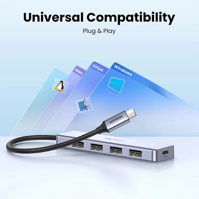 UGREEN CM219 USB-C to USB-A 3.0 4-Port Hub 5Gbps Data Transfer Splitter - Grey