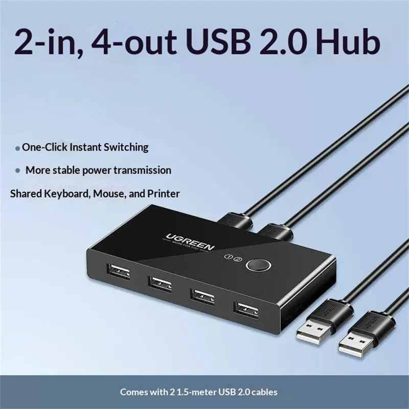 UGREEN US216 30767 2 in 4 Out USB 2.0 Sharing Switch Box for Two Computer Peripheral Sharing - Black
