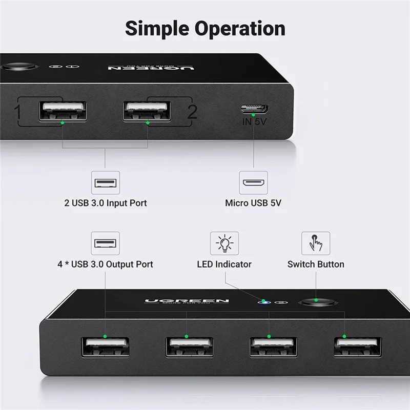 UGREEN US216 30767 2 in 4 Out USB 2.0 Sharing Switch Box for Two Computer Peripheral Sharing - Black