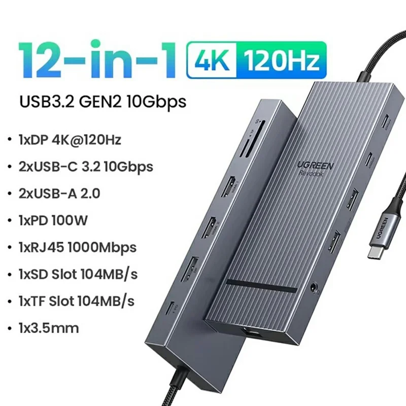 UGREEN 55767 USB-C Hub 4K Triple Display 10Gbps Data Transfer USB-C 3.2 PD 100W Charging - Grey