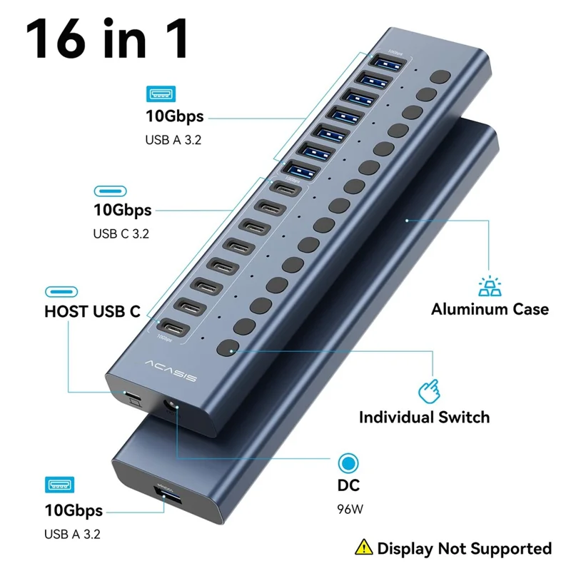 ACASIS HB16Pro 16-Port USB 3.2 Hub, 8 USB-A + 8 USB-C, 10Gbps, 96W 12V ...