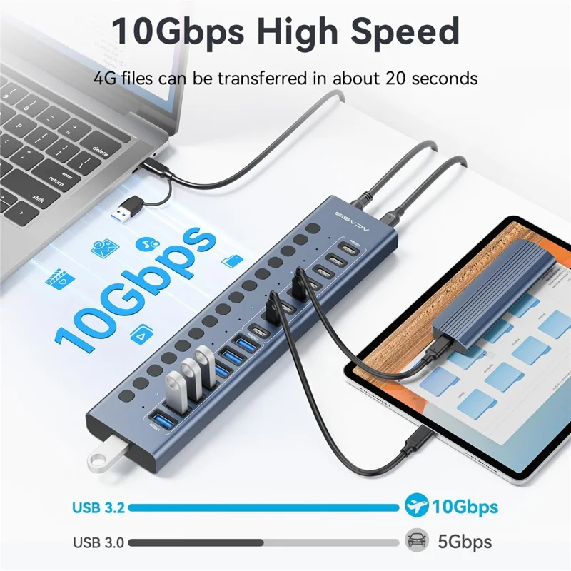 ACASIS HB16Pro 16-Port USB 3.2 Hub, 8 USB-A + 8 USB-C, 10Gbps, 96W 12V ...