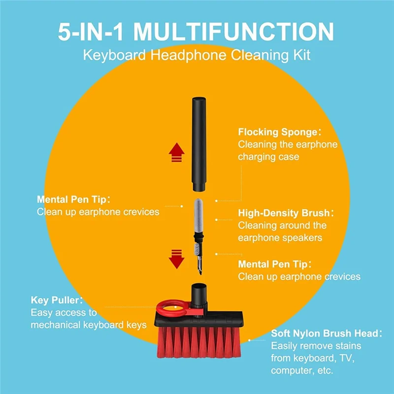 Spazzola Pulizia Morbida, Kit Pulizia Tastiera, Strumenti Multifunzionali per la Pulizia del Computer, Spazzolino per Angoli e Fessure, Estrattore Tasti, per Auricolari Bluetooth, Laptop, Cuffie, Obiettivo della Fotocamera - Nero
