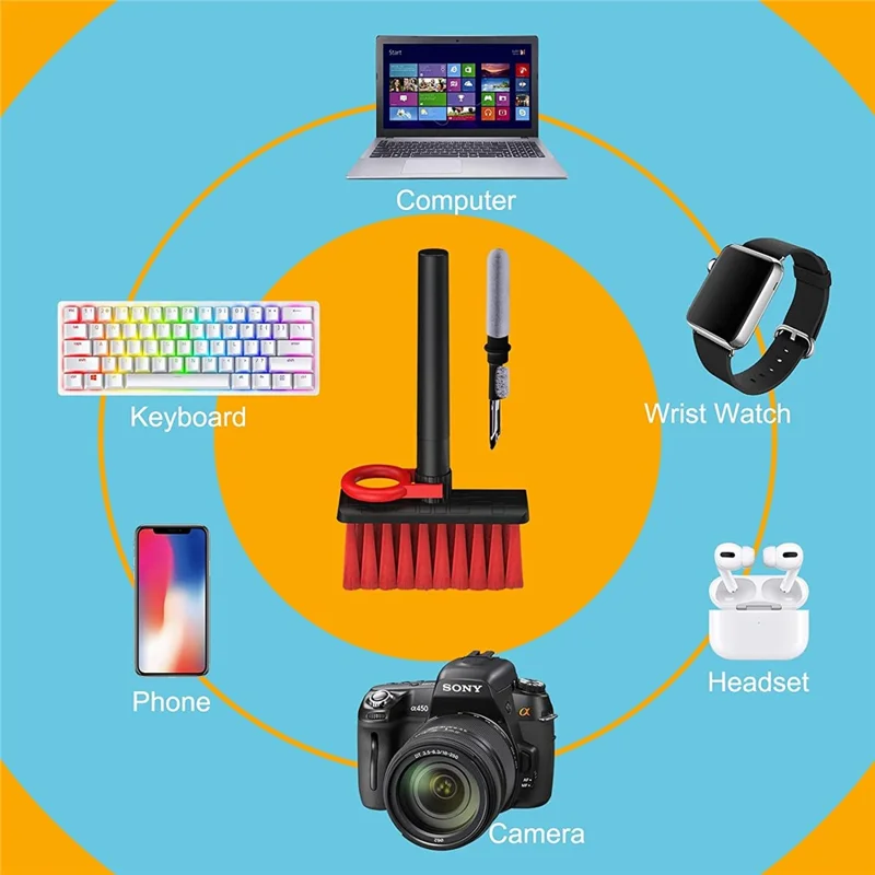 Spazzola Pulizia Morbida, Kit Pulizia Tastiera, Strumenti Multifunzionali per la Pulizia del Computer, Spazzolino per Angoli e Fessure, Estrattore Tasti, per Auricolari Bluetooth, Laptop, Cuffie, Obiettivo della Fotocamera - Nero