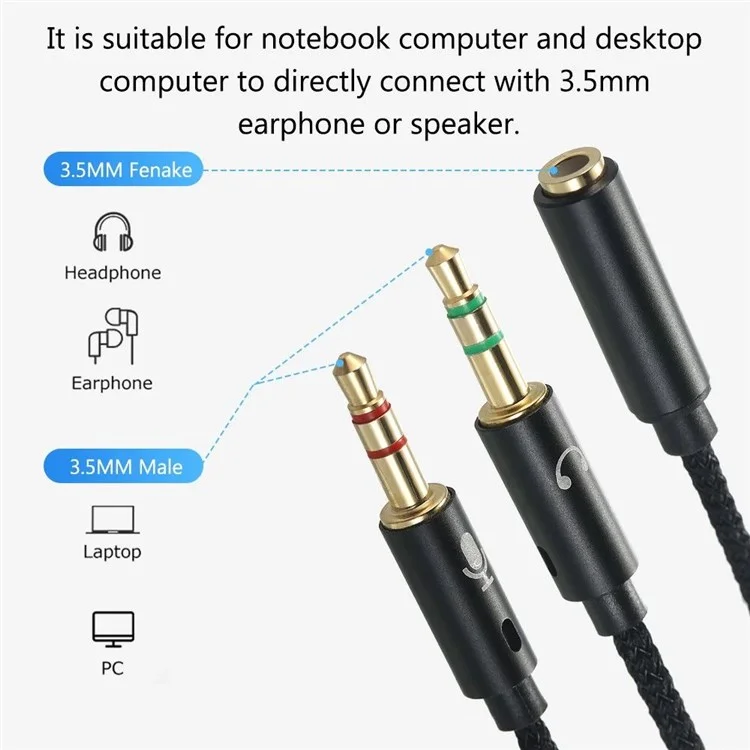 25cm 2 in 1 Audio Adapter Cable Dual 3.5mm Male to 3.5mm Female Braided Cable with Gold Plated Connector for PC Laptops - Black