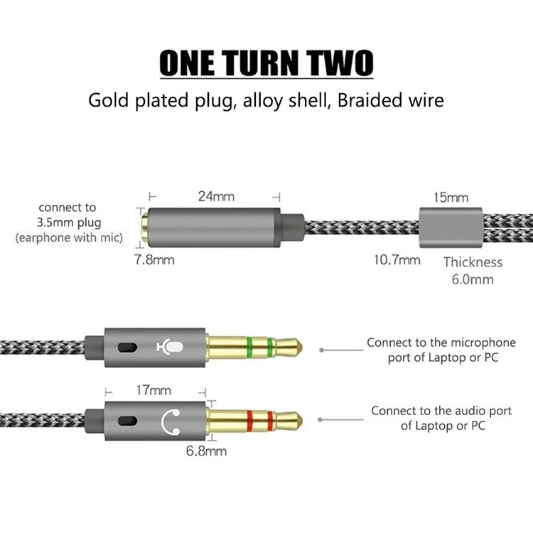 25cm 2 in 1 Audio Adapter Cable Dual 3.5mm Male to 3.5mm Female Braided Cable with Gold Plated Connector for PC Laptops - Black