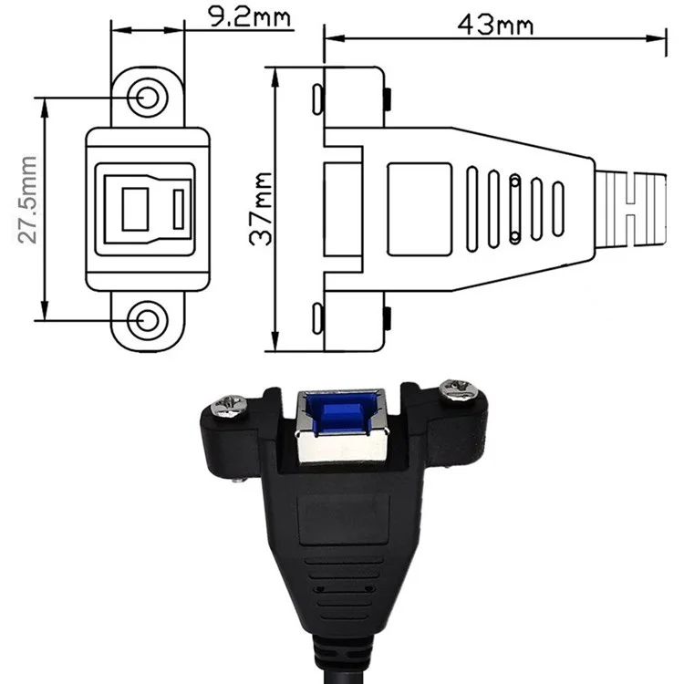 U3-007-0.5M Dual Thumbscrews USB 3.0 Back Panel Mount B Male to Female B Type Extension Cable 0.5m