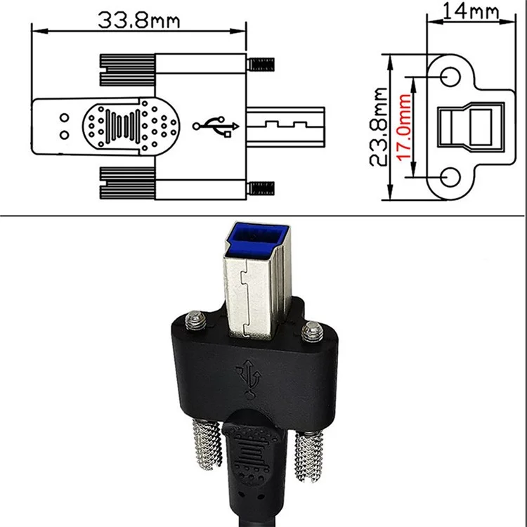 U3-007-0.5M Dual Thumbscrews USB 3.0 Back Panel Mount B Male to Female B Type Extension Cable 0.5m