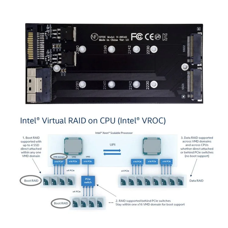 SA-014 Dual 2x NVME M.2 AHCI a PCIE Express 3.0 4.0 Slimline SFF-8654 8x Tarjeta Raid VROC Raid0 Hyper Adaptador