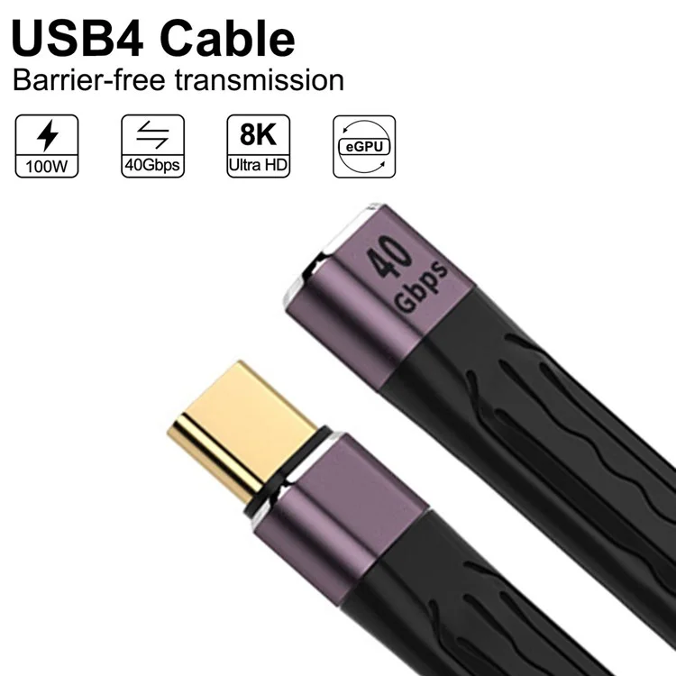 UC-040-0.13M 13cm USB4 Extension Cable Flat Male to Female 40Gbps Support 100W Charging 8K/60Hz Cord Compatible with Thunderbolt3/4