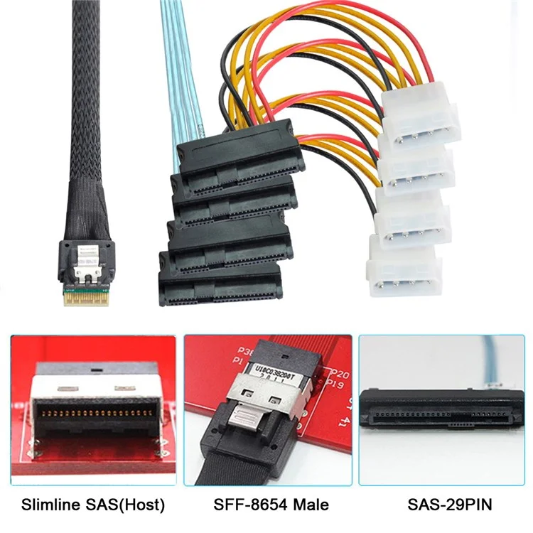 Sf-047-1,0 Млн. Slimline SAS 4.0 SFF-8654 4i 38pin Host до 4 SAS 29pin SFF-8482 Целевой Диск Fanout Fanout Raid Cable 1m