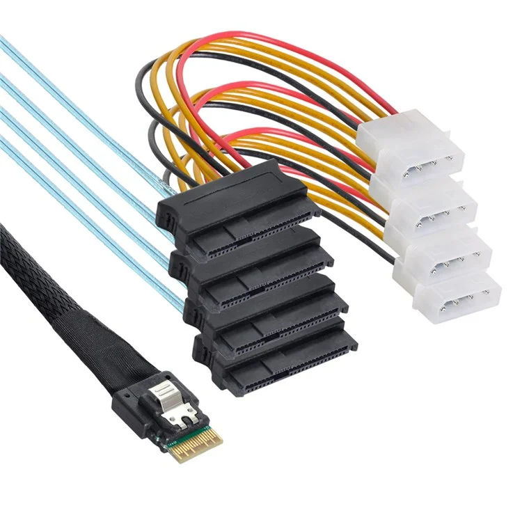 SF-047-1.0M Slimline SAS 4.0 SFF-8654 4i 38Pin Host to 4 SAS 29Pin SFF-8482 Target Hard Disk Fanout Raid Cable 1m