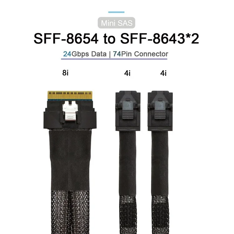 SF-010-0.5M PCI-E Ultraport Slimline SAS Slim 4.0 SFF-8654 8i 74Pin to Dual SFF-8643 4i Mini SAS HD Cable PCI-Express, 0.5m