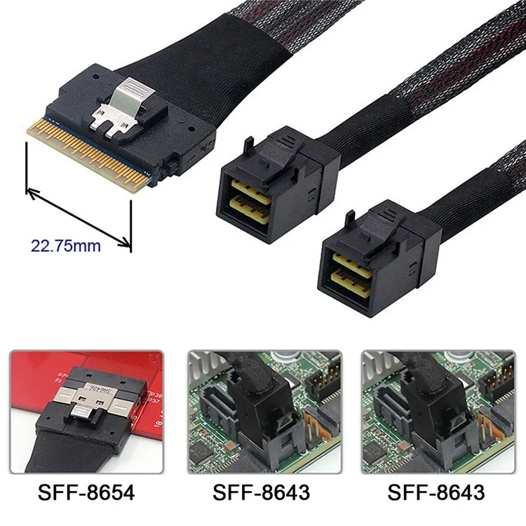 SF-010-0.5M PCI-E Ultraport Slimline SAS Slim 4.0 SFF-8654 8i 74Pin to Dual SFF-8643 4i Mini SAS HD Cable PCI-Express, 0.5m