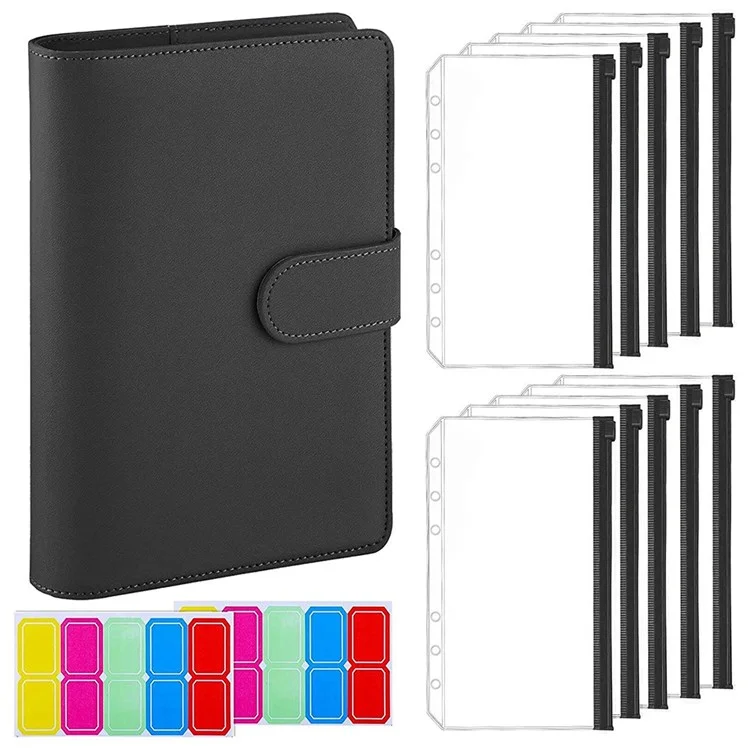 A6 PU Leather Notebook Binder Budget Planner Organizer 6 Ring Binder Cover with 10 Binder Pockets and 2 Label Stickers - Black