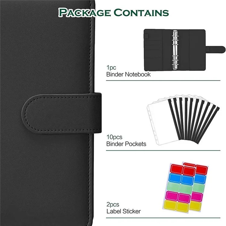 A6 PU Leather Notebook Binder Budget Planner Organizer 6 Ring Binder Cover with 10 Binder Pockets and 2 Label Stickers - Black