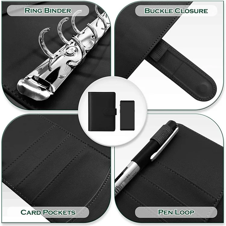 A6 PU Leather Notebook Binder Budget Planner Organizer 6 Ring Binder Cover with 10 Binder Pockets and 2 Label Stickers - Black