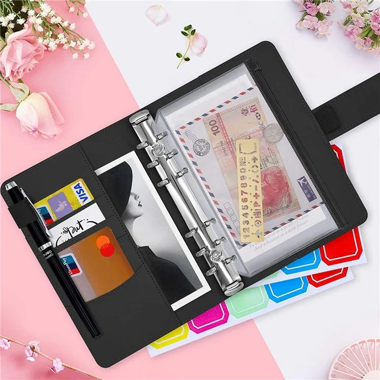 A6 PU Leather Notebook Binder Budget Planner Organizer 6 Ring Binder Cover with 10 Binder Pockets and 2 Label Stickers - Black