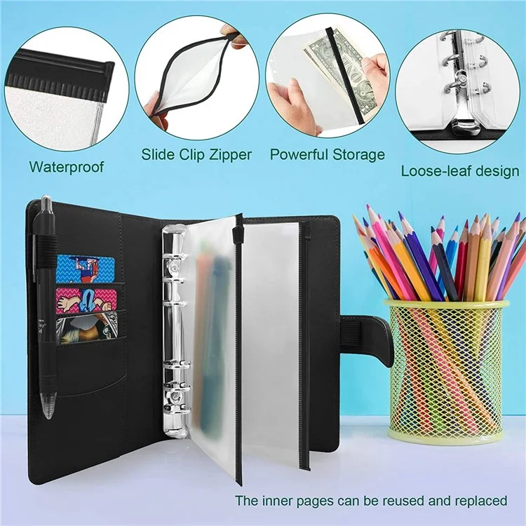A6 PU Leather Notebook Binder Budget Planner Organizer 6 Ring Binder Cover with 10 Binder Pockets and 2 Label Stickers - Black