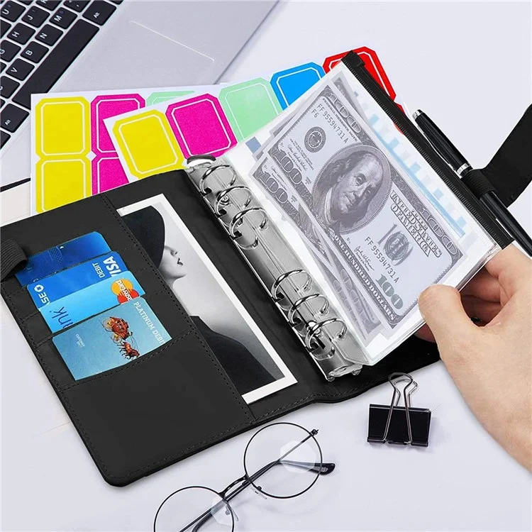 A6 PU Leather Notebook Binder Budget Planner Organizer 6 Ring Binder Cover with 10 Binder Pockets and 2 Label Stickers - Black