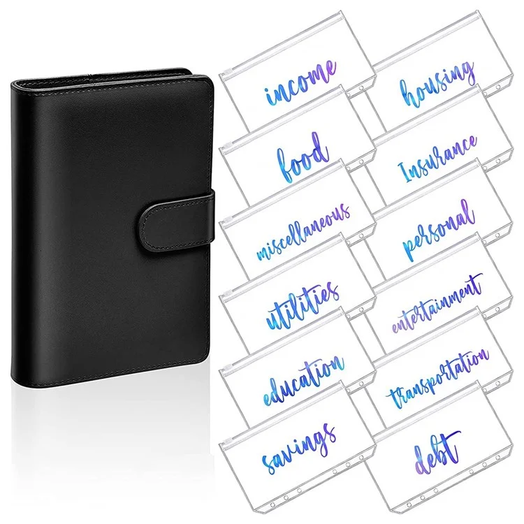 A6 PU Leather 6 Rings Binder Notebook Budget Planner Binder Cover with 12 PVC Zipper Pockets - Black