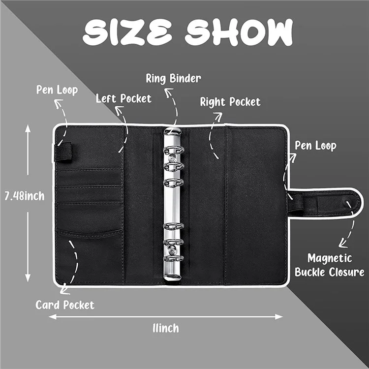 A6 PU Leather 6 Rings Binder Notebook Budget Planner Binder Cover with 12 PVC Zipper Pockets - Black