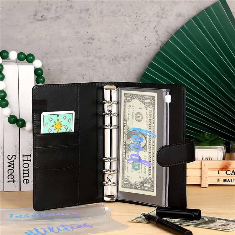 A6 PU Leather 6 Rings Binder Notebook Budget Planner Binder Cover with 12 PVC Zipper Pockets - Black