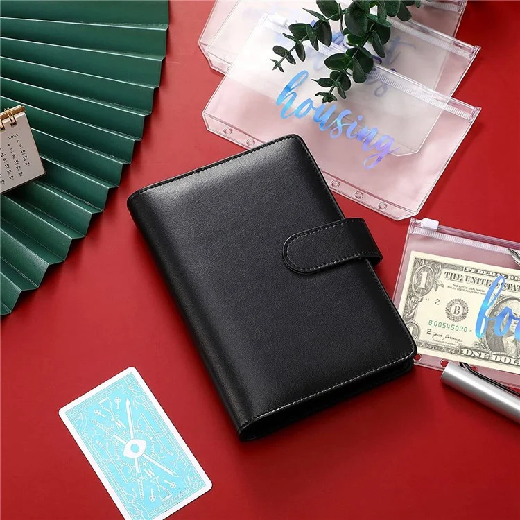 A6 PU Leather 6 Rings Binder Notebook Budget Planner Binder Cover with 12 PVC Zipper Pockets - Black