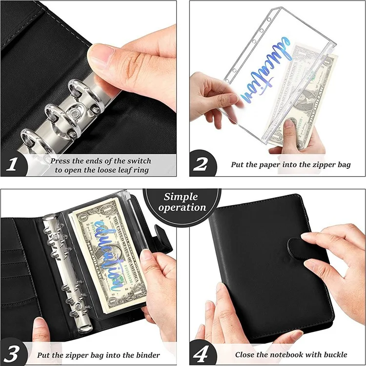 A6 PU Leather 6 Rings Binder Notebook Budget Planner Binder Cover with 12 PVC Zipper Pockets - Black