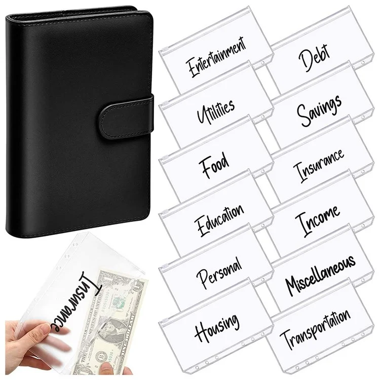 A6 PU Leather Notebook Budget Planner Organizer 6 Ring Binder Cover 12 Binder Pockets - Black