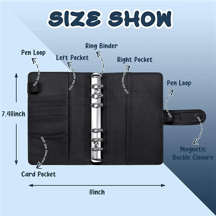 A6 PU Leather Notebook Budget Planner Organizer 6 Ring Binder Cover 12 Binder Pockets - Black