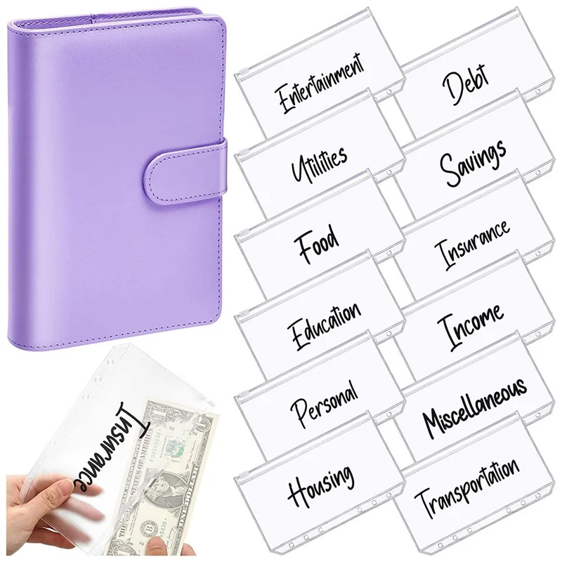 A6 PU Leather Notebook Budget Planner Organizer 6 Ring Binder Cover 12 Binder Pockets - Purple