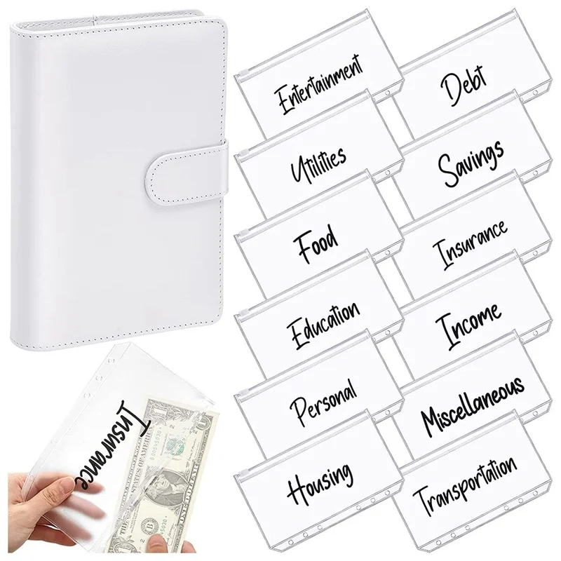 A6 PU Leather Notebook Budget Planner Organizer 6 Ring Binder Cover 12 Binder Pockets - White