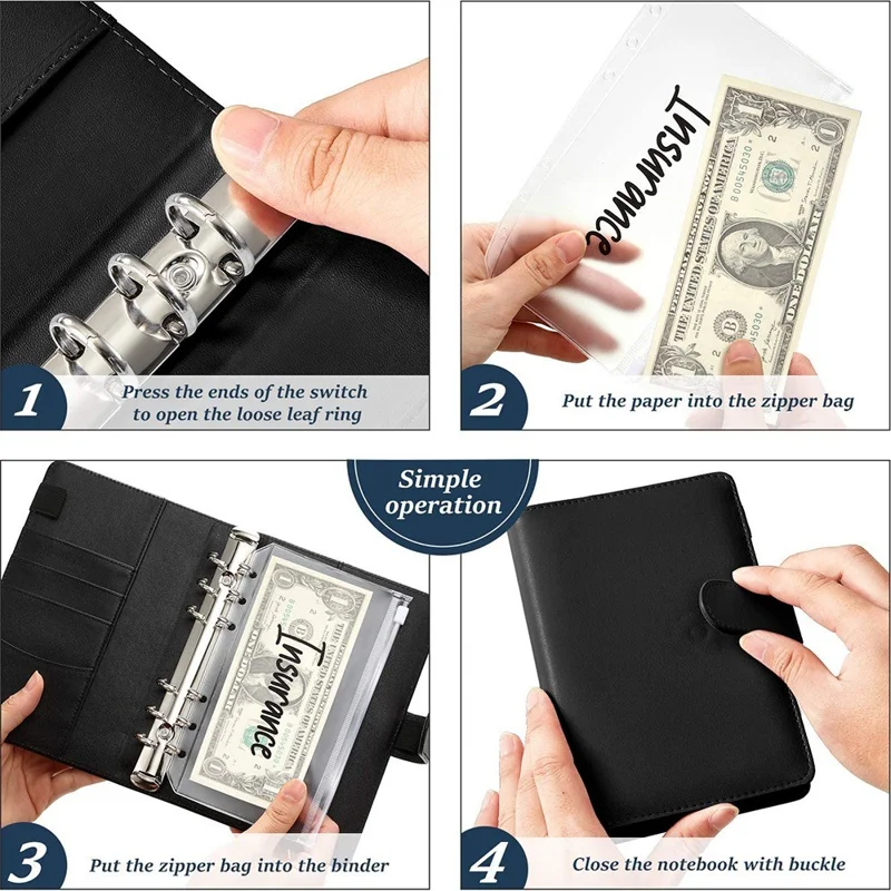 A6 PU Leather Notebook Budget Planner Organizer 6 Ring Binder Cover 12 Binder Pockets - White