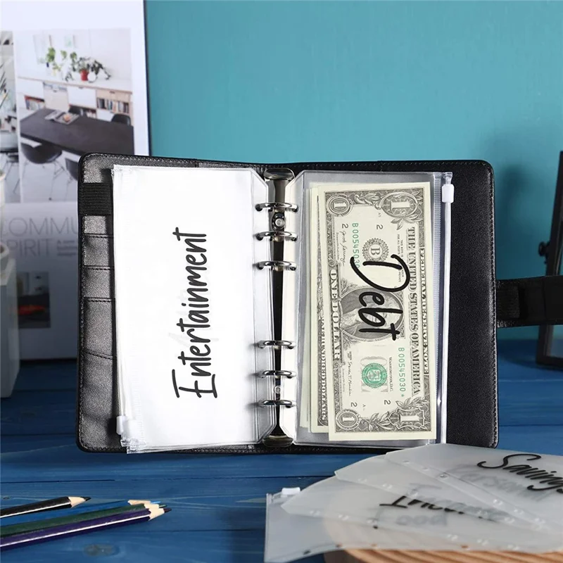 A6 PU Leather Notebook Budget Planner Organizer 6 Ring Binder Cover 12 Binder Pockets - White