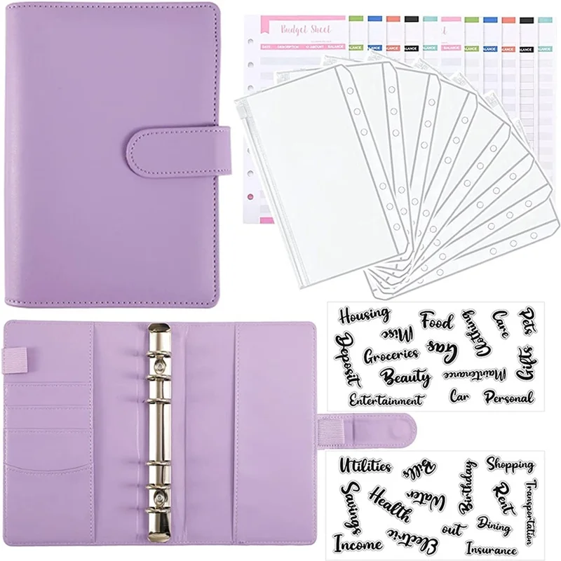A6 PU Leather Notebook Cover Loose-leaf Binder Budget Planner Organizer 8 Storage Pockets 12 Budget Sheets - Purple
