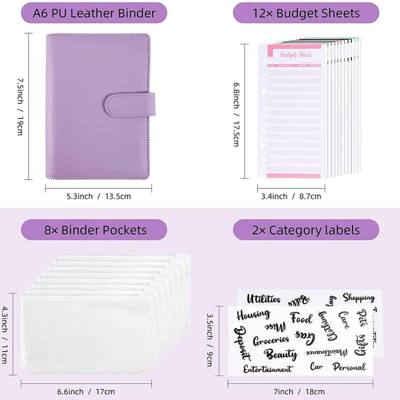 A6 PU Leather Notebook Cover Loose-leaf Binder Budget Planner Organizer 8 Storage Pockets 12 Budget Sheets - Purple