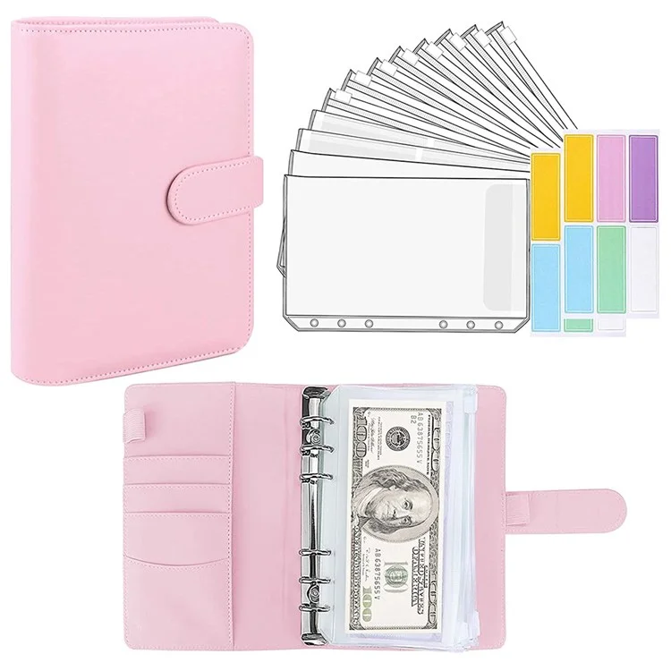 6 Rings A6 PU Leather Binder Bill Card Money Organizer Magnetic Clasp Binder Cover Notebook with 12 PVC Pockets and 2 Label Stickers - Pink