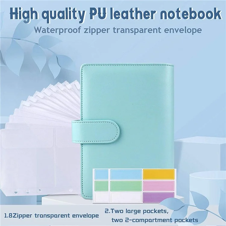 6 Rings A6 PU Leather Binder Bill Card Money Organizer Magnetic Clasp Binder Cover Notebook with 12 PVC Pockets and 2 Label Stickers - Pink