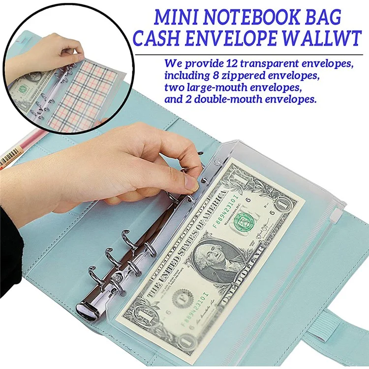6 Rings A6 PU Leather Binder Bill Card Money Organizer Magnetic Clasp Binder Cover Notebook with 12 PVC Pockets and 2 Label Stickers - Pink