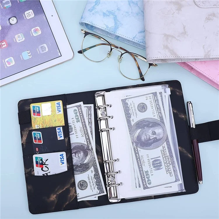 A6 Budget Binder Rechargeable 6 Ring Notebook Planner Couverture Pour A6 Recharge Paper Mode Sauvegarde Pour Les Enveloppes En Espèces Modèle En Marbre A6 Mini Liant Personnel Avec Fermeture De Boucle Magnétique - Bleu