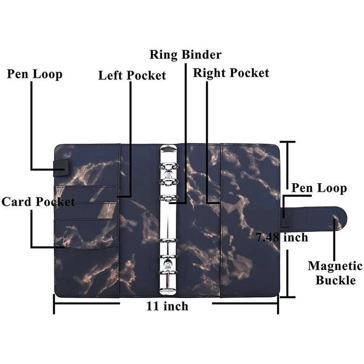 A6 Budget Binder Rechargeable 6 Ring Notebook Planner Couverture Pour A6 Recharge Paper Mode Sauvegarde Pour Les Enveloppes En Espèces Modèle En Marbre A6 Mini Liant Personnel Avec Fermeture De Boucle Magnétique - Bleu