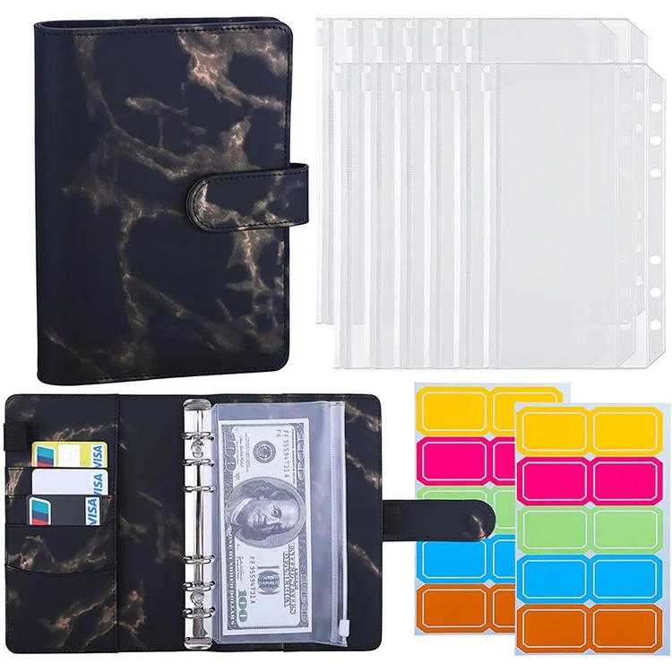 Marble Pattern A6 PU Leather Binder Magnetic Clasp 6 Rings Binder Cover Notebook with 12 PVC Pockets and 2 Random Color Label Stickers - Black
