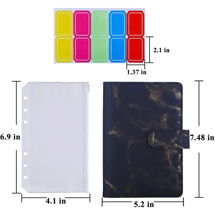 Marble Pattern A6 PU Leather Binder Magnetic Clasp 6 Rings Binder Cover Notebook with 12 PVC Pockets and 2 Random Color Label Stickers - Black