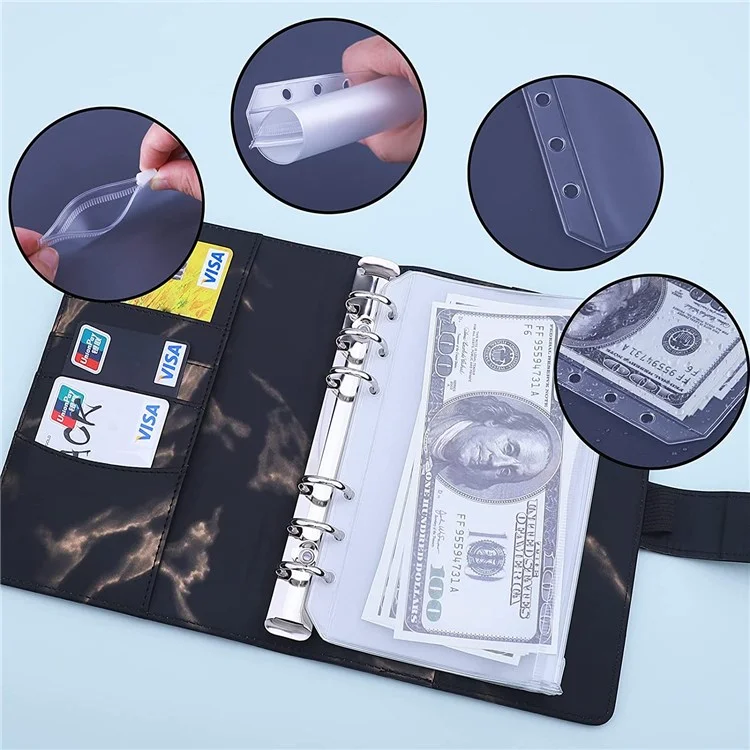 Marble Pattern A6 PU Leather Binder Magnetic Clasp 6 Rings Binder Cover Notebook with 12 PVC Pockets and 2 Random Color Label Stickers - Black
