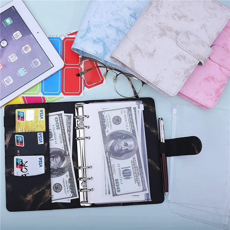 Marble Pattern A6 PU Leather Binder Magnetic Clasp 6 Rings Binder Cover Notebook with 12 PVC Pockets and 2 Random Color Label Stickers - Black