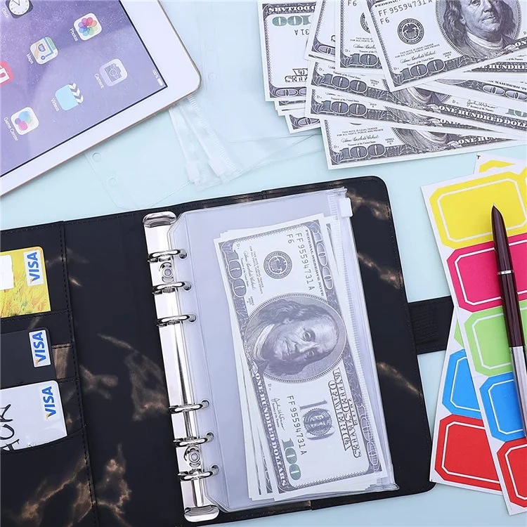 Marmorierter A6 PU-Lederbinder mit Magnetverschluss, 6-Ring-Binder, Notizbuchumschlag mit 12 PVC-Taschen und 2 zufälligen Farbetiketten - Blau