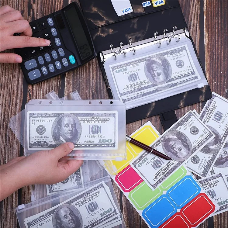 Marmorierter A6 PU-Lederbinder mit Magnetverschluss, 6-Ring-Binder, Notizbuchumschlag mit 12 PVC-Taschen und 2 zufälligen Farbetiketten - Blau