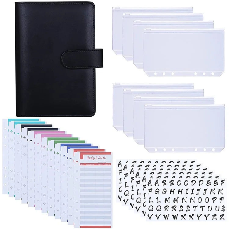 A6 Budget Binder PU Leather Budgeting Planner Organizer Book Cover with Zipper Envelopes for Budgeting, Expense Budget Sheets, Sticky Labels - Black